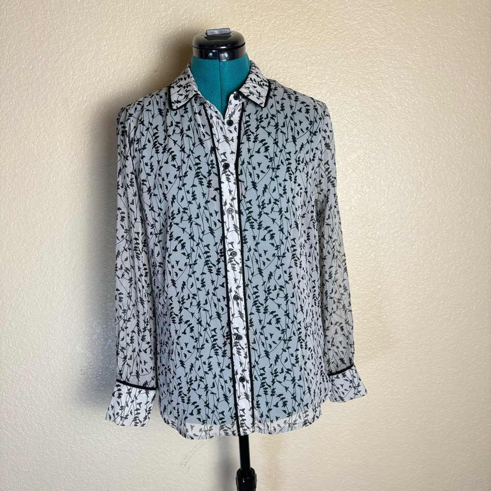 Black Bird vine print Women’s Sz Small gray sheer blouse long sleeve Pleione - Picture 1 of 7
